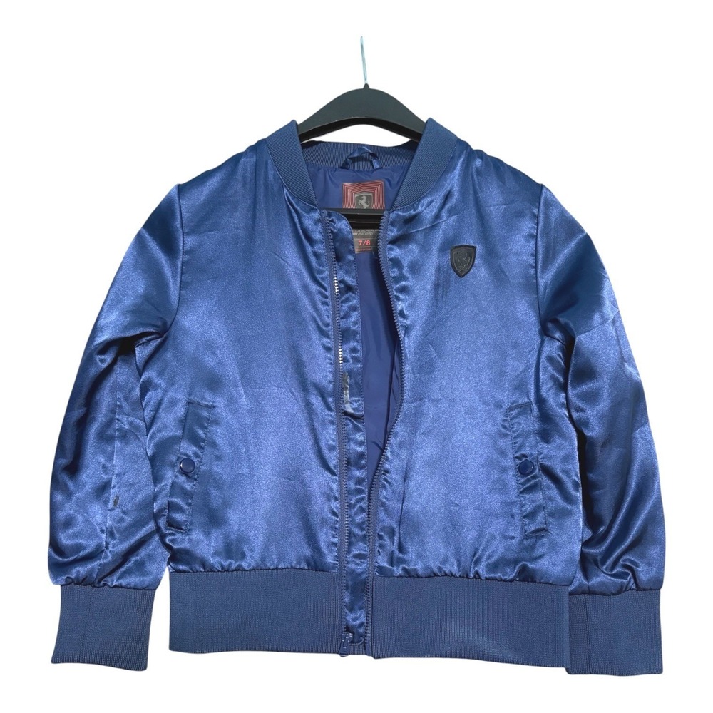 Ferrari Bomber Jacket Kids Size 7/8 Blue Satin Finish Full Zip Racing Style Flaw